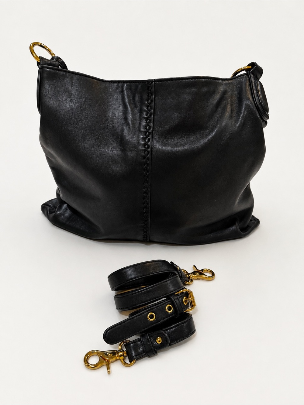 Badgley Mischka Black Leather Shoulder Bag with Gold Hardware